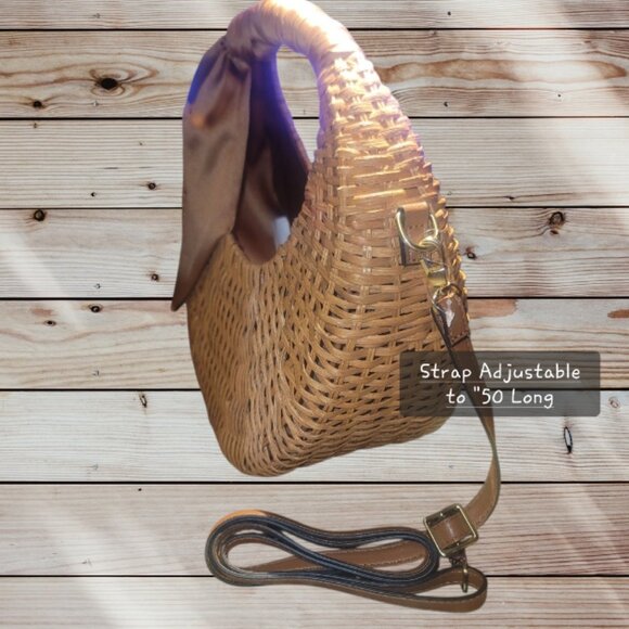 SCOOP Wicker Crescent Crossbody Straw Purse Handbag Basket - Brown Scarf Accent - Picture 3 of 6